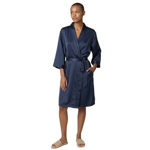 VTG August Moon Navy‎ Blue 100% Silk Kimono Robe Pockets Size S